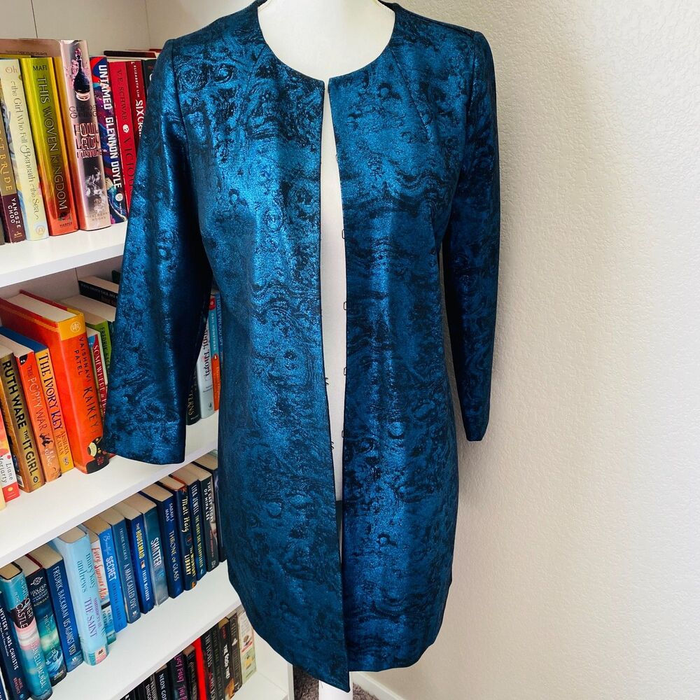 ALFANI Metallic Blue and Black Jacquard Brocade Long Jacket and Coat Size Small